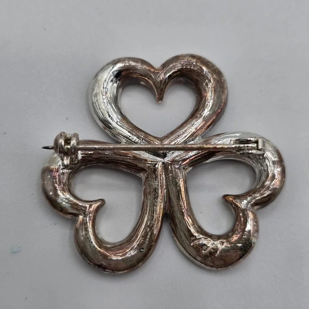 Vintage Liz Claiborne Silver Tone 3 Heart Multicolor Rhinestones Brooch Pin 1.5